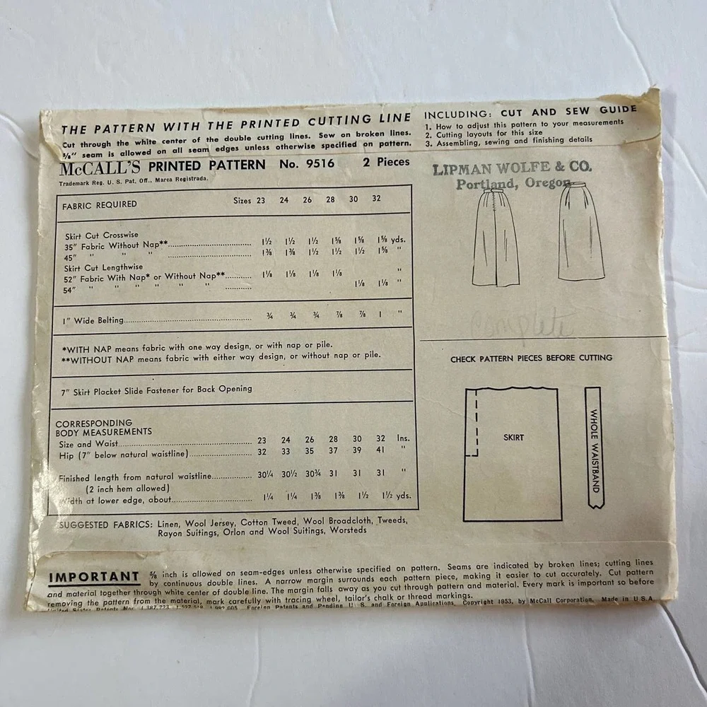 McCalls Vintage 1950's Pattern #9516 Women's One‎ Piece Skirt Waist 30